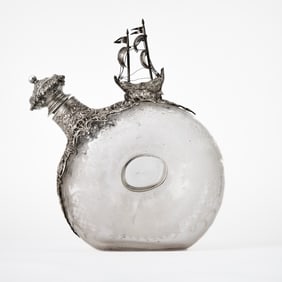 German Silver-Mounted Wheel-Engraved Blown Ship's Decanter