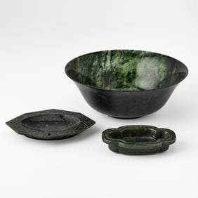 Three Chinese Spinach Jade Articles 20th Century