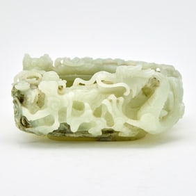 A Chinese Celadon Jade Square Form Dragon Brush Washer 20th Century