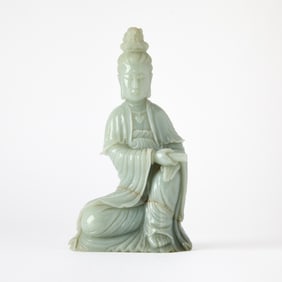 A Chinese Celadon Jade Figure of Seated Guanyin 20th Century