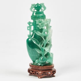 A Chinese Glass Faux Jadeite Flattened Vase and Cover 20th Century