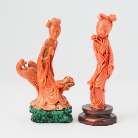 Two Chinese Coral Figural Carvings of Female Immortals Early 20th century
