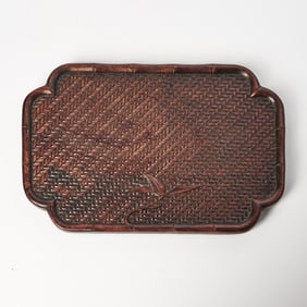 A Chinese Basketry-Carved Hardwood Rectangular Tray with Canted Corners 20th century