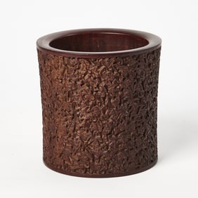 A Chinese Carved Wood Cylindrical Brush Pot with Fu Bat Patterns, Bitong 20th century