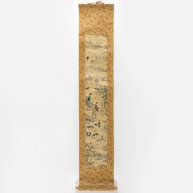 A Chinese Embroidered Silk Panel on Scroll Qing Dynasty