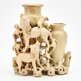 A Chinese Relief-Carved Soapstone Vase Grouping with Animals Early 20th century