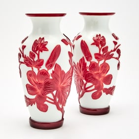 A Pair of Chinese Peking Glass Overlay Vases with Blossoms on Leafy Branches 20th century