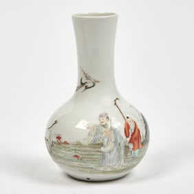 A Chinese Enameled Porcelain Bottle Vase Depicting a Scholar, a Boy, and Cranes Qianlong Mark,