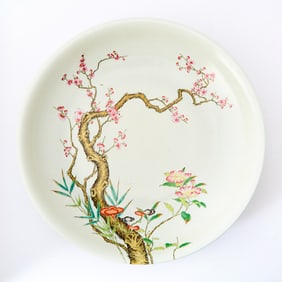 A Chinese Famille Rose Porcelain Charger Decorated with Plum, Peach, Bamboo, and Lingzhi Fungus 20th