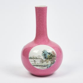 A Chinese Pink Glazed Sgraffito Ground Famille Porcelain Bottle Vase Republic Period