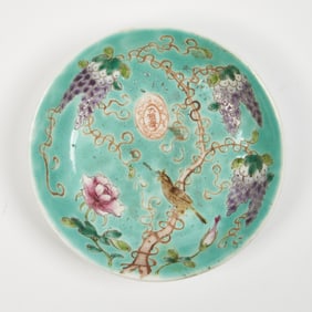 A Chinese Turquoise Ground 'Dayazhai Style' Porcelain Saucer Yongqing Changchun Mark, Republic