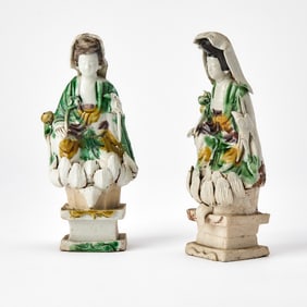 A Pair of Chinese Sancai Glazed Porcelain Figures of Guanyin Kangxi Period