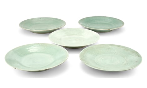 Five Chinese Celadon Porcelain Chargers Qing Dynasty