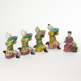 Four Chinese Enameled Porcelain Laughing Boys and One Figural Group Qing Dynasty