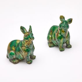 Two Chinese Sancai-Style Glazed Porcelain Rabbits Qing Dynasty