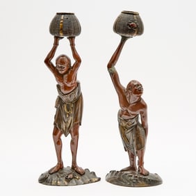 Two Japanese Parcel Gilt Bronze Figural Okimono Meiji Period