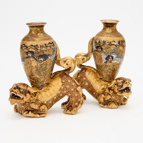 A Pair of Japanese Satsuma Earthenware Figural Vases Meiji Period