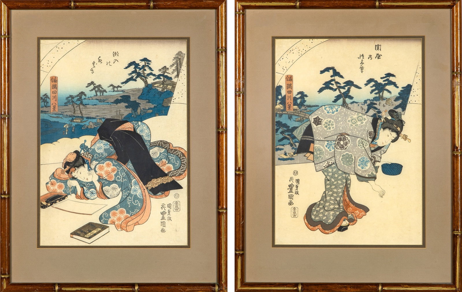 Two Japanese Ukiyo-e Woodblock Prints 19th century: Sight 13 1/2 x 10 inches
