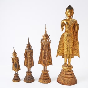 Group of Four Thai Gilt Bronze Buddhas