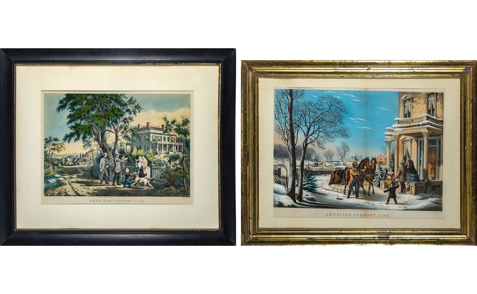 Nathaniel Currier (1813-1888), publisher: AMERICAN COUNTRY LIFE: OCTOBER AFTERNOON; PLEASURES OF WINTER (CONNINGHAM 122, 123; GALE 135, 136)Two hand-colored lithographs after Frances Flora Bond Palmer, 1855, the first laid on card, framed. Im