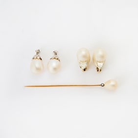 Pair of White Gold, Cultured Pearl and Diamond Earclips with Pendants and Stick Pin