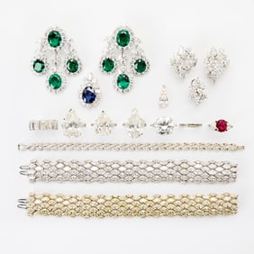 Group of White Gold, Silver, Metal, Synthetic Colored Stone and Simulated Diamond Jewelry