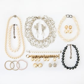 Group of Imitation Pearl and Rhinestone Costume Jewelry and Fragments