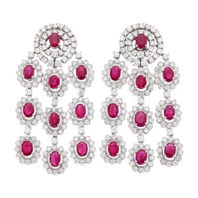 Pair of White Gold, Ruby and Diamond Fringe Earclips