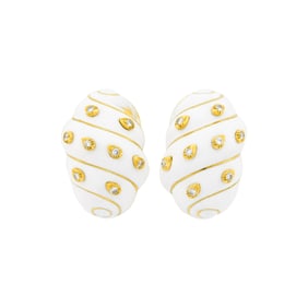 David Webb Pair of Gold, Platinum, White Enamel and Diamond Shell Earclips