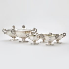 Pair of George III Sterling Silver Covered Sauce Tureens and Four En Suite Open Salt Cellars