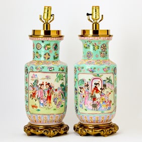 Pair of Chinese Famille Rose Porcelain Lamps