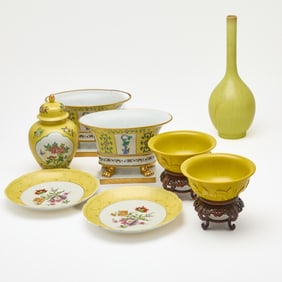 Pair of Chinese Peking Molded Glass Footed Bowls on Wood Stands