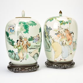 Two Chinese Enameled Porcelain Covered Jars
