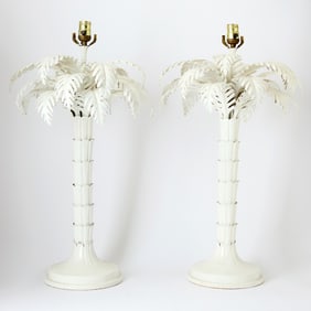 Pair of White Painted Metal Palm Tree Lamps