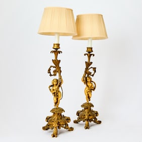 Pair of Louis XV Style Gilt-Metal Cherub Table Lamps
