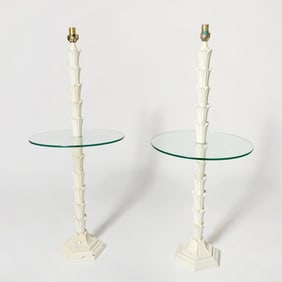 Pair of White Painted Metal and Glass Palm Tree Floor Lamps