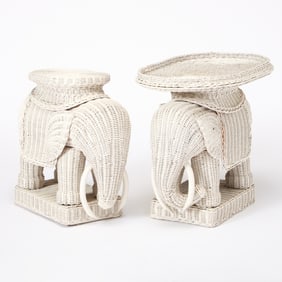 Two White Painted Wicker Elephant-Form Side Tables
