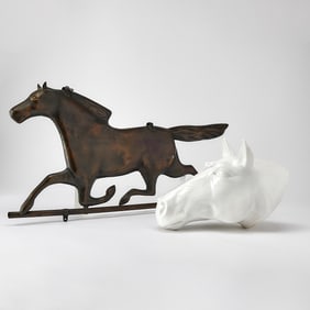 Copper Race Horse Weathervane Together With an Italian White Painted and Glazed Horse Head Sculpture