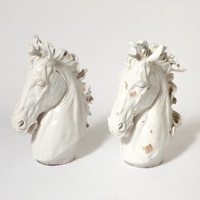 Pair of White Glazed Terracotta Horse Heads