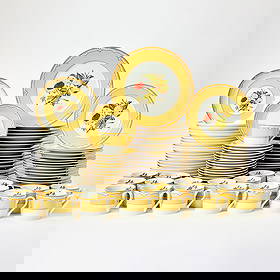 Georges Briard Porcelain "Somerset" Pattern Dinner Service for Twenty: 20th Century Floral decorated with a wide yellow border, comprising: Twenty dinner plates, diameter 10 1/4 inches Twenty soup bowls Twenty salad plates Twenty cups Twenty cup saucers
