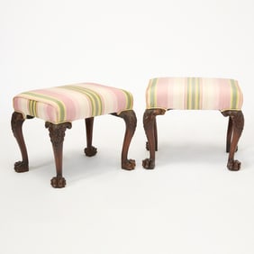 Pair of George II Style Upholstered Mahogany Benches