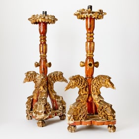 Pair of Continental Painted and Parcel-Gilt Candlesticks