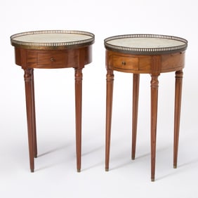 Pair of Louis XVI Style Marble Top Walnut Bouillotte Tables