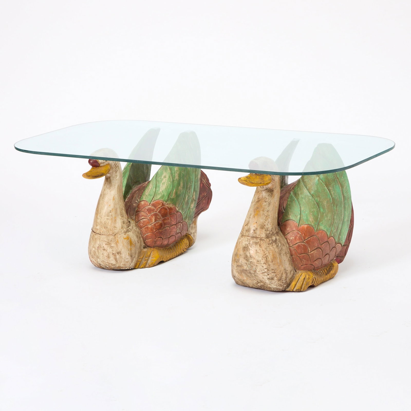 Carved and Painted Wood Swan-Form and Glass Coffee Table: 20th Century Height 17 inches, width 24 inches, length 48 inches.