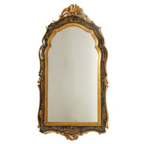 Venetian Rococo Style Gilt and Black Lacquer Chinoiserie Decorated Mirror