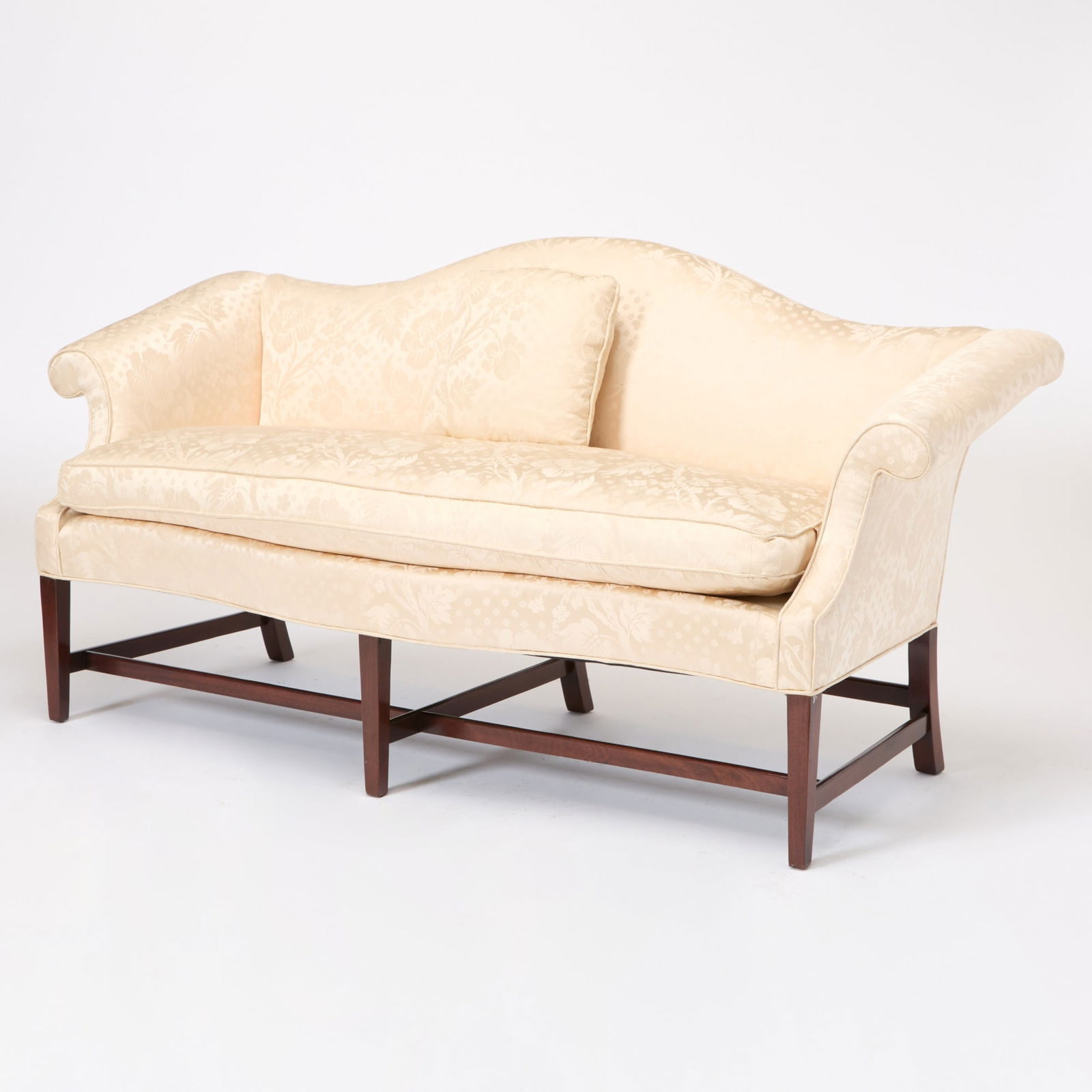 George III Style Upholstered Mahogany Camel Back Sofa (1 of 5)