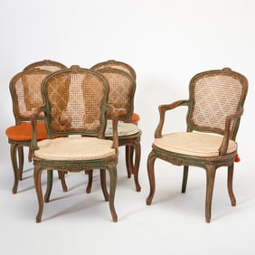 Set of Six Louis XV Style Green Painted Dining Chairs