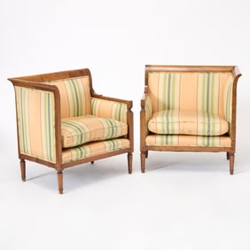 Pair of Italian Neoclassical Style Upholstered Walnut Armchairs
