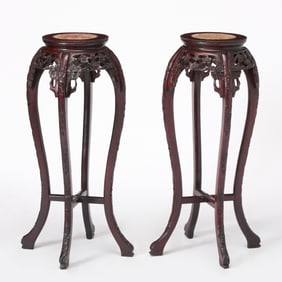 Pair of Chinese Marble Inset Carved Wood Stands