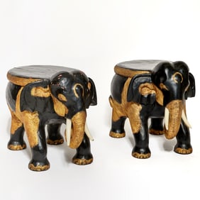 Pair of Carved and Painted Wood Elephant-Form Stools